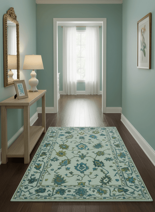 Custom Made Traditional Ivory And Blue Oushak Hand Tufted Wool Area Rug