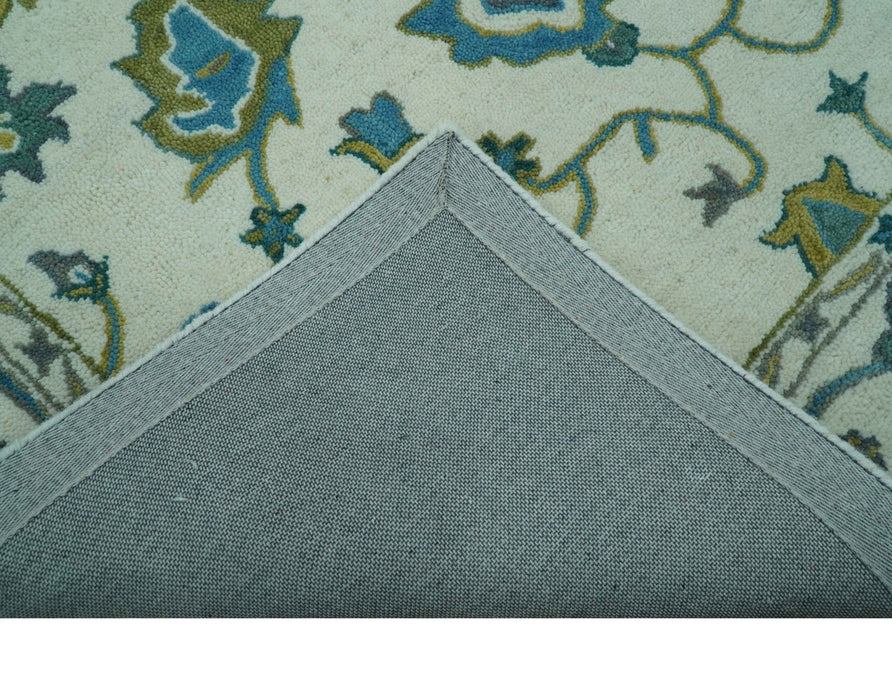 Custom Made Traditional Ivory And Blue Oushak Hand Tufted Wool Area Rug
