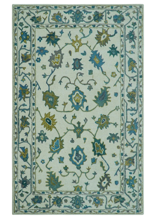 Custom Made Traditional Ivory And Blue Oushak Hand Tufted Wool Area Rug