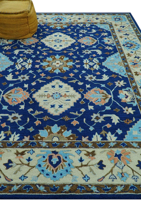 Custom Made Traditional Oriental Design Blue And Beige Hand-Tufted Wool Area Rug