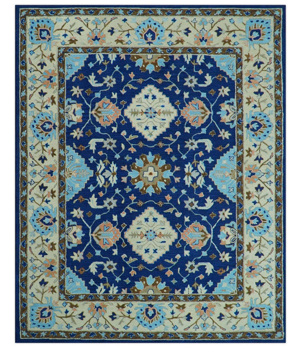 Custom Made Traditional Oriental Design Blue And Beige Hand-Tufted Wool Area Rug