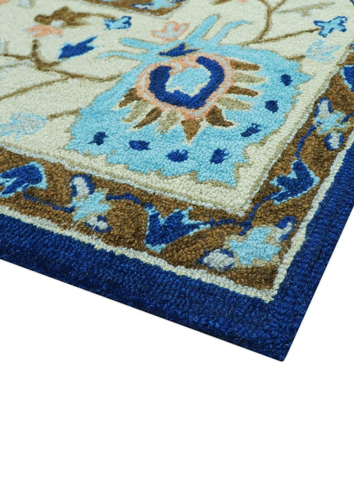 Custom Made Traditional Oriental Design Blue And Beige Hand-Tufted Wool Area Rug