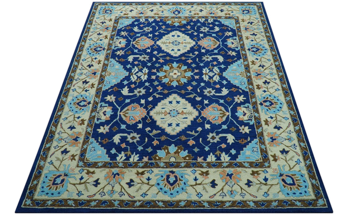 Custom Made Traditional Oriental Design Blue And Beige Hand-Tufted Wool Area Rug