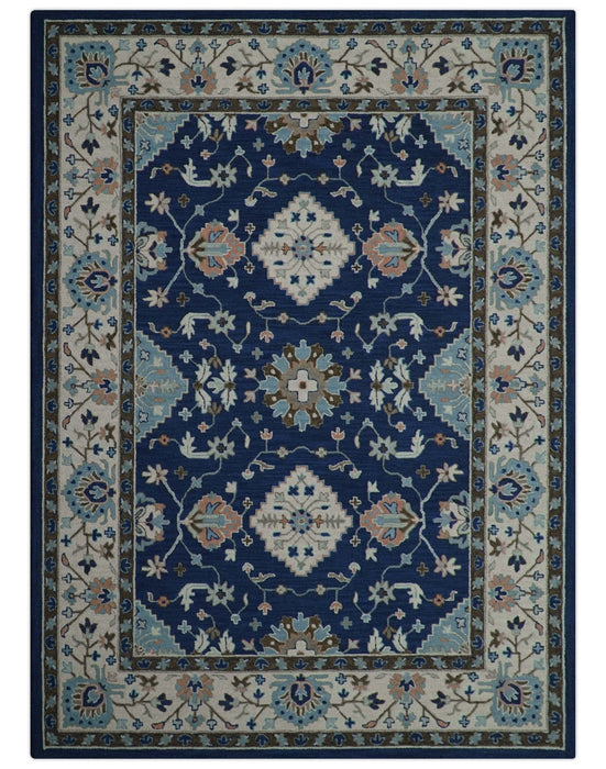 Custom Made Traditional Oriental Design Blue And Beige Hand-Tufted Wool Area Rug
