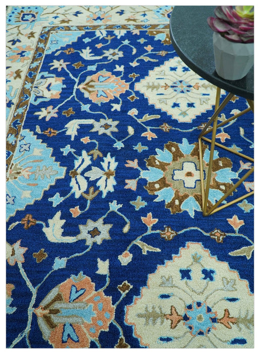 Custom Made Traditional Oriental Design Blue And Beige Hand-Tufted Wool Area Rug