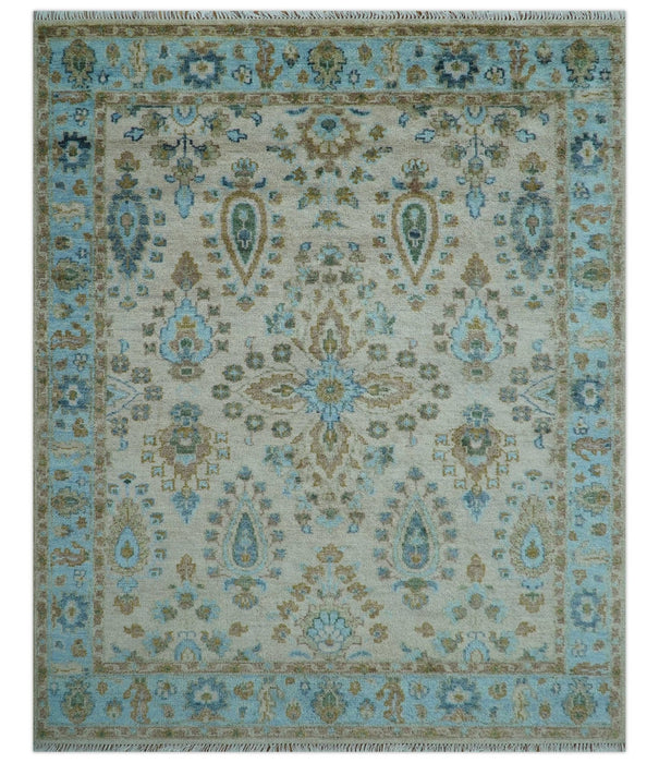 Custom Made Traditional Oriental Design Ivory And Blue Hand knotted Wool Area Rug