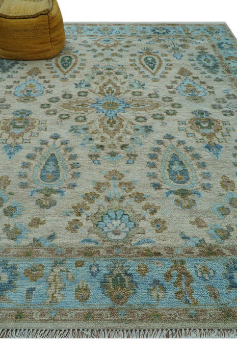 Custom Made Traditional Oriental Design Ivory And Blue Hand knotted Wool Area Rug