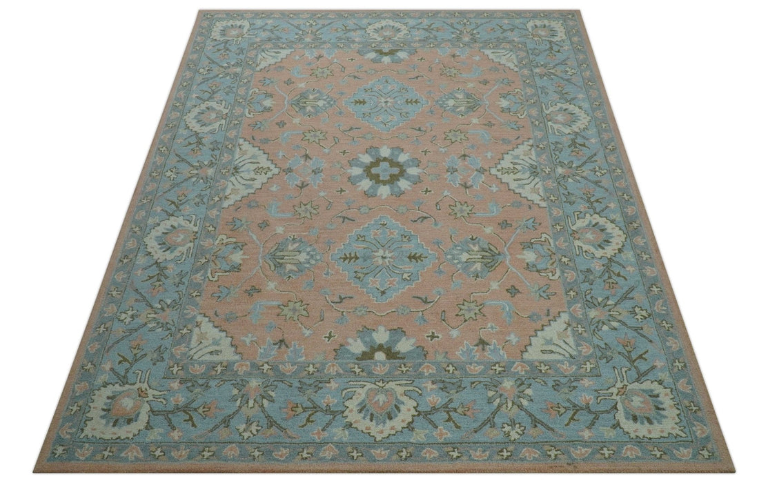 Custom Made Traditional Oriental Design Pink And Blue Hand Tufted Wool Area Rug