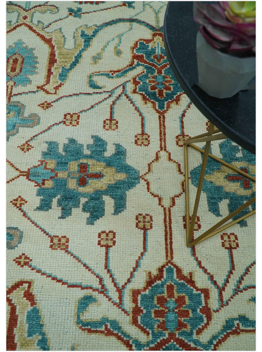 Custom Made Traditional Oriental Oushak Ivory And Blue Hand Knotted Wool Rug