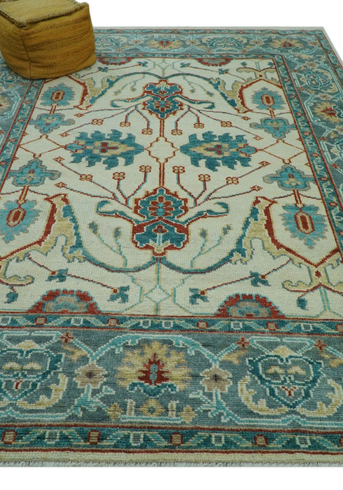 Custom Made Traditional Oriental Oushak Ivory And Blue Hand Knotted Wool Rug