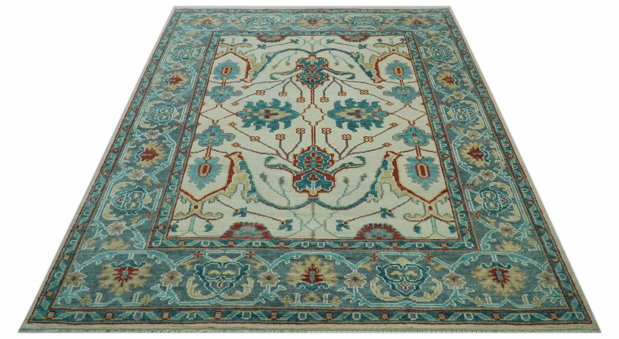 Custom Made Traditional Oriental Oushak Ivory And Blue Hand Knotted Wool Rug