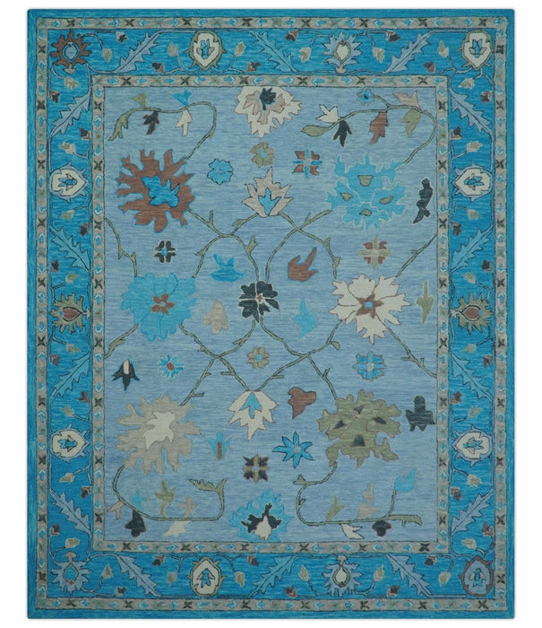 Custom Made Traditional Oushak Blue And Beige Hand Tufted Wool Area Rug