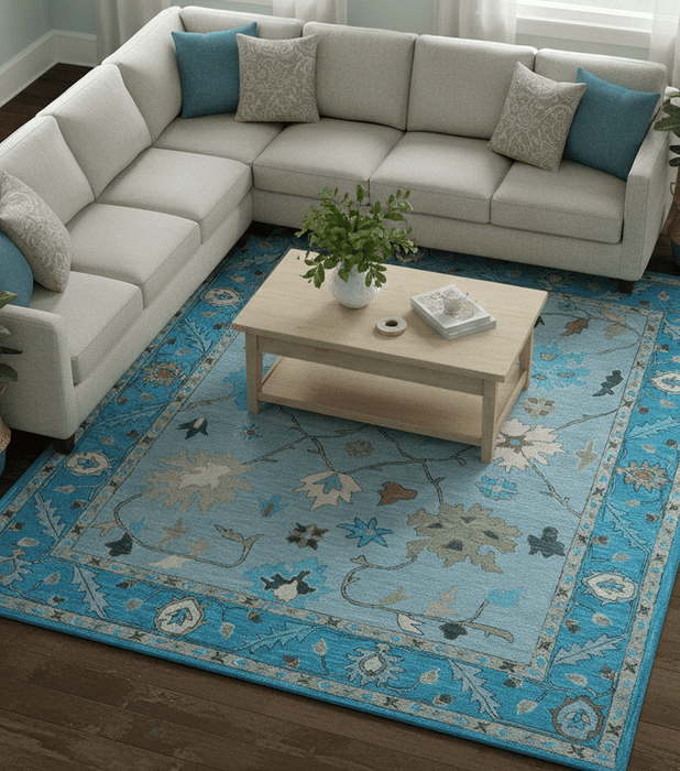Custom Made Traditional Oushak Blue And Beige Hand Tufted Wool Area Rug