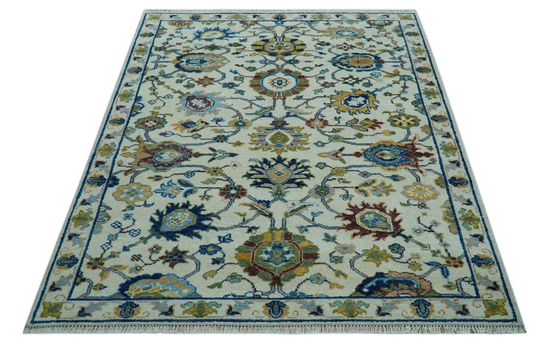 Custom Made Traditional Oushak Design Ivory And Blue Hand Knotted Wool Area Rug