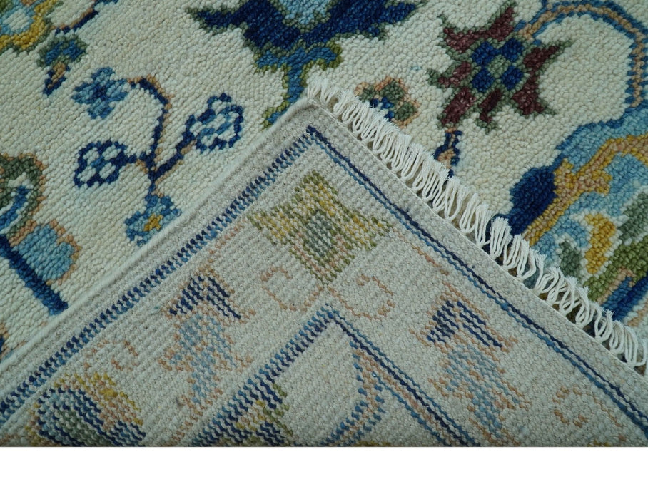 Custom Made Traditional Oushak Design Ivory And Blue Hand Knotted Wool Area Rug