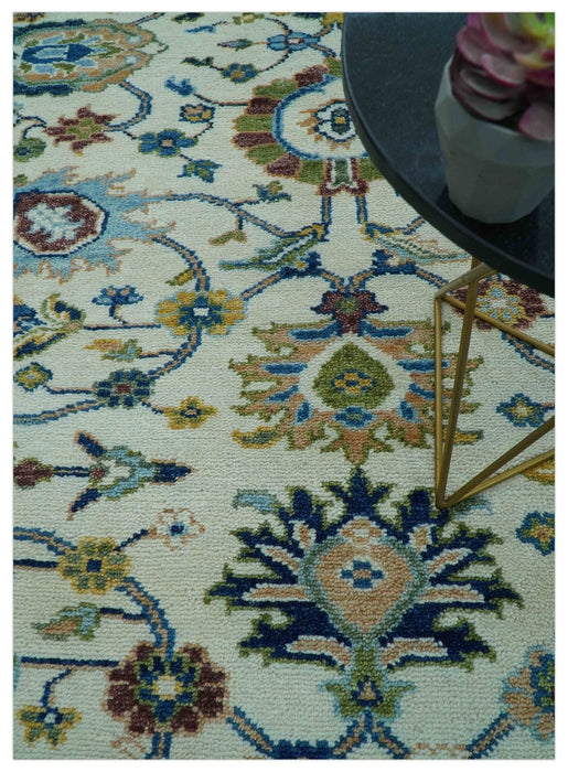 Custom Made Traditional Oushak Design Ivory And Blue Hand Knotted Wool Area Rug