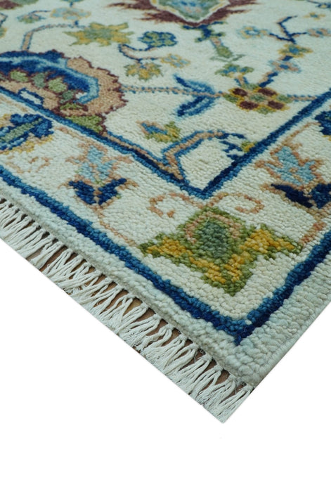 Custom Made Traditional Oushak Design Ivory And Blue Hand Knotted Wool Area Rug