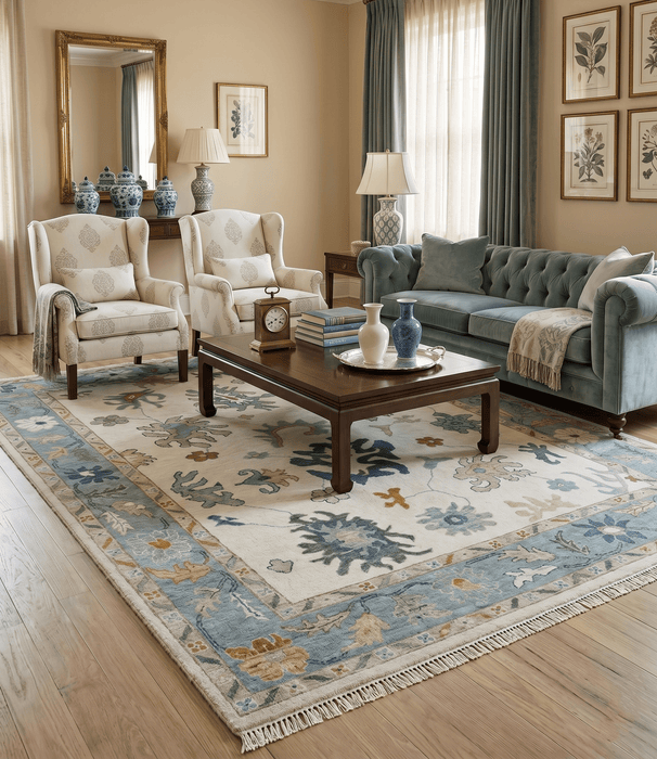 Custom Made Traditional Oushak Ivory and Silver Hand knotted wool Area Rug