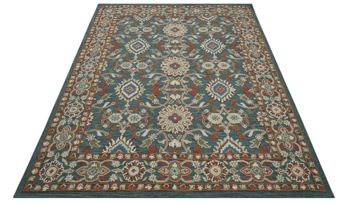 Custom Made Traditional Persian Design Silver, Blue And Rust Hand Tufted Wool Area Rug