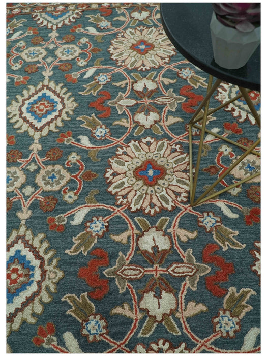 Custom Made Traditional Persian Design Silver, Blue And Rust Hand Tufted Wool Area Rug