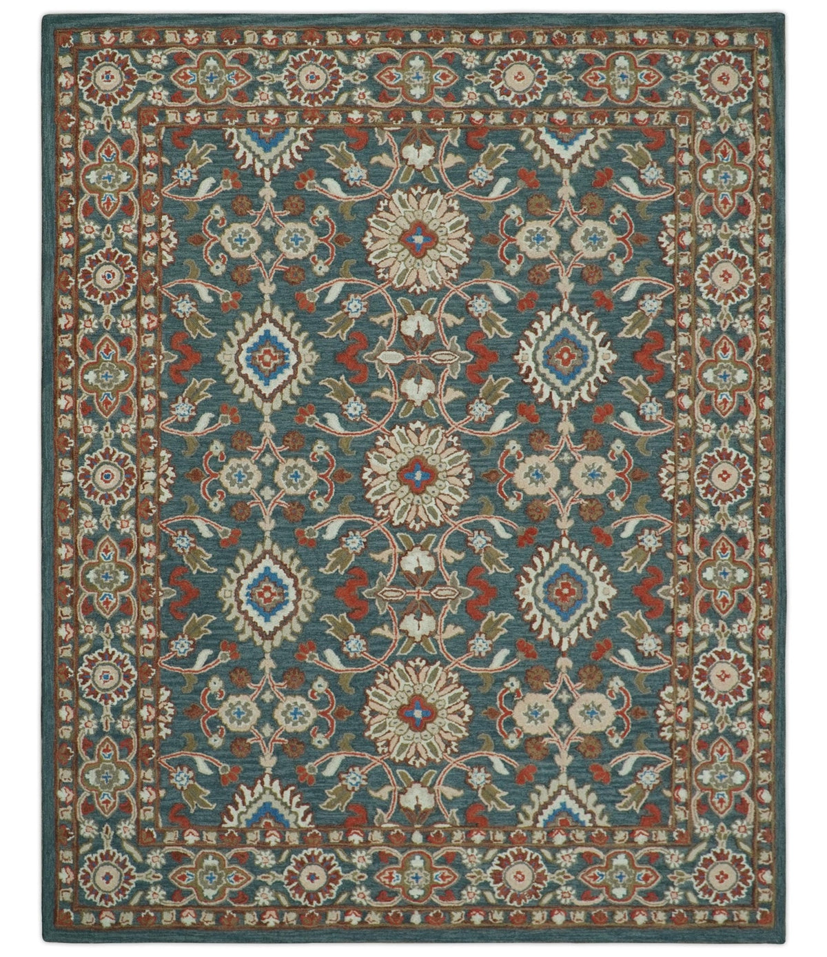 Custom Made Traditional Persian Design Silver, Blue And Rust Hand Tuft