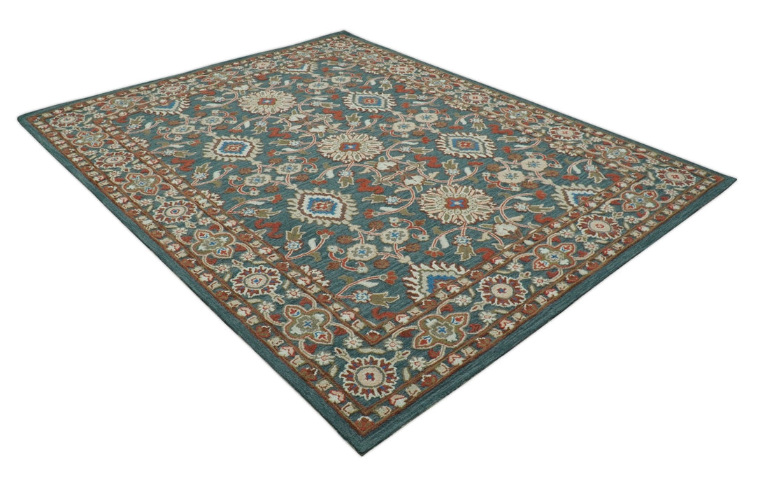 Custom Made Traditional Persian Design Silver, Blue And Rust Hand Tufted Wool Area Rug