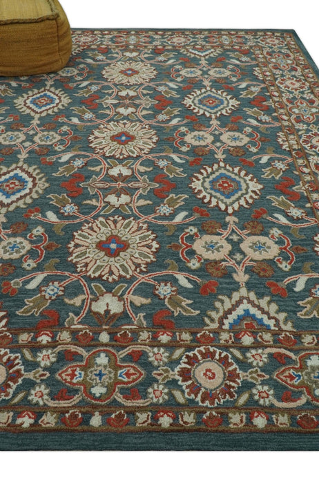 Custom Made Traditional Persian Design Silver, Blue And Rust Hand Tufted Wool Area Rug
