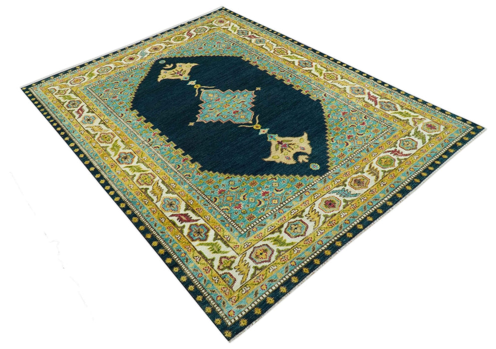 Custom Made Traditional Serapi Design Blue And Mustard Hand Knotted Wool Rug