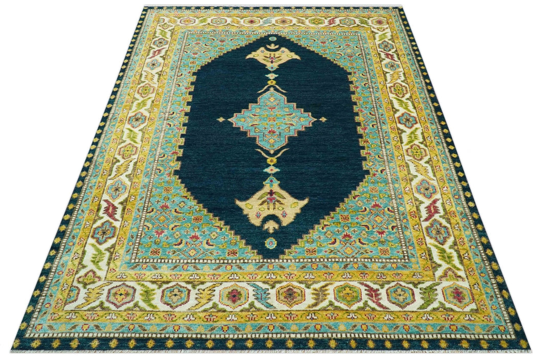 Custom Made Traditional Serapi Design Blue And Mustard Hand Knotted Wool Rug