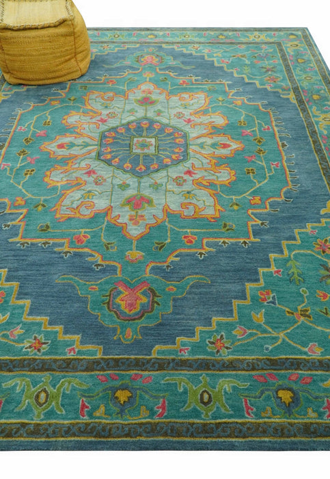 Custom Made Traditional Serapi Design Blue And Yellow Hand Tufted Wool Rug
