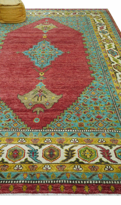 Custom Made Traditional Serapi Red And Blue Hand Knotted Wool Rug