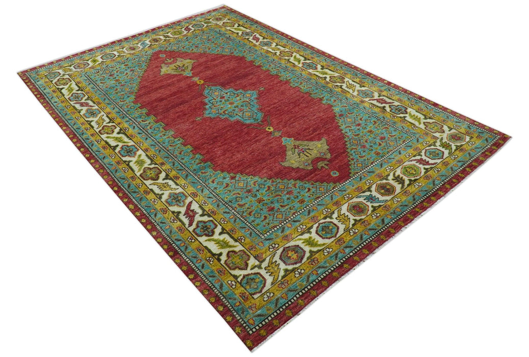 Custom Made Traditional Serapi Red And Blue Hand Knotted Wool Rug