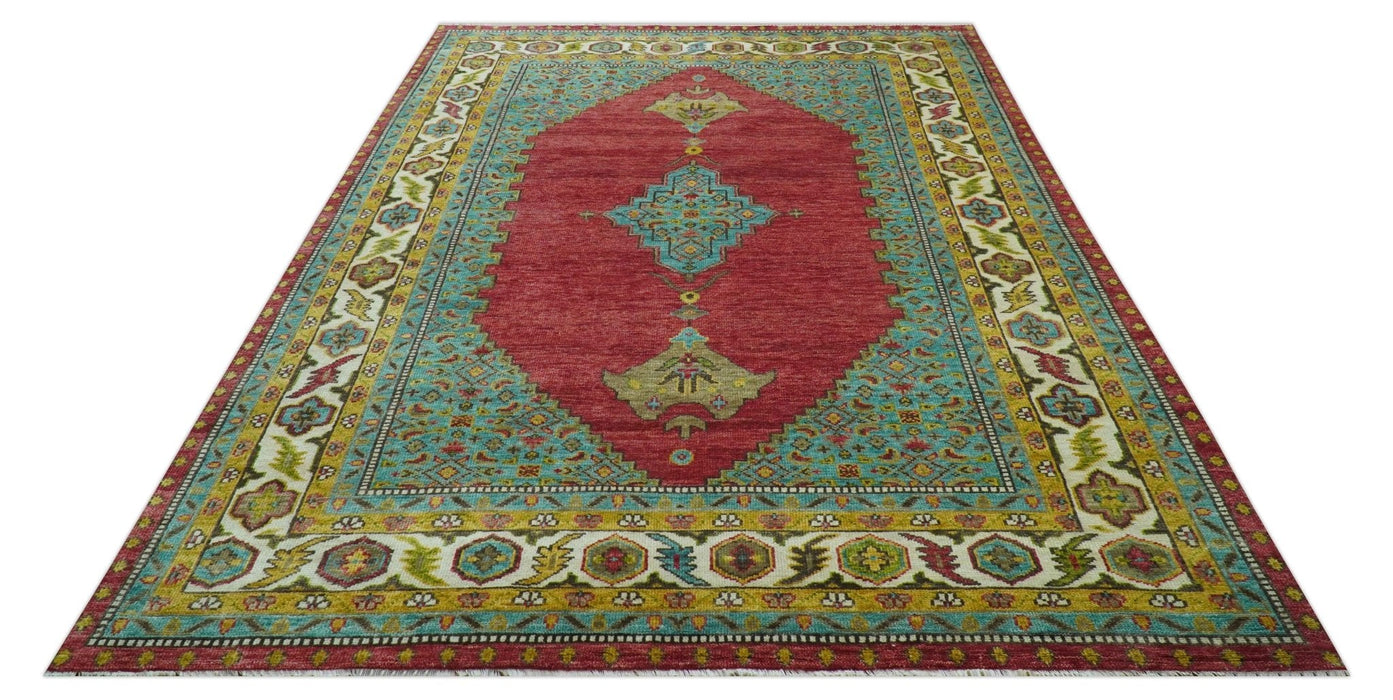 Custom Made Traditional Serapi Red And Blue Hand Knotted Wool Rug