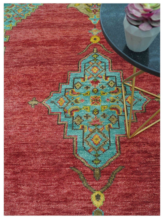 Custom Made Traditional Serapi Red And Blue Hand Knotted Wool Rug