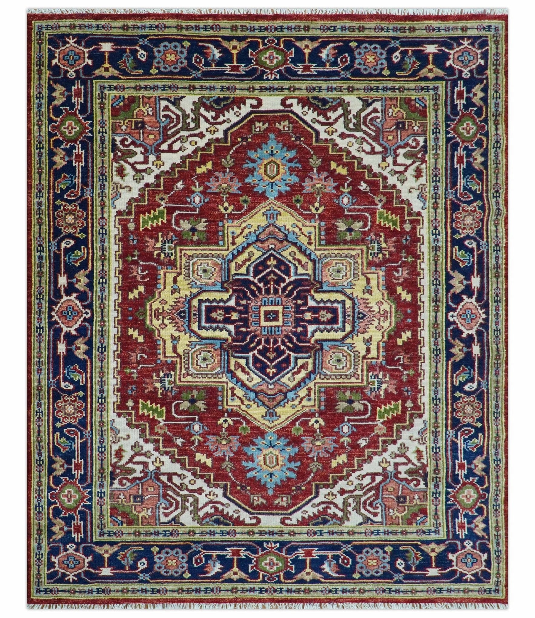 Custom Made Traditional Serapi Rust And Blue Hand Knotted wool area ru