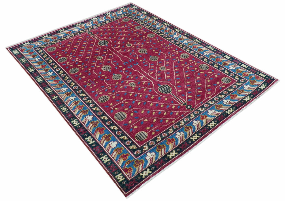 Custom Made Traditional Tribal Design Red And Blue Hand Knotted Wool Rug