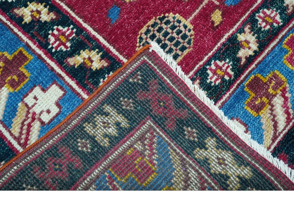Custom Made Traditional Tribal Design Red And Blue Hand Knotted Wool Rug