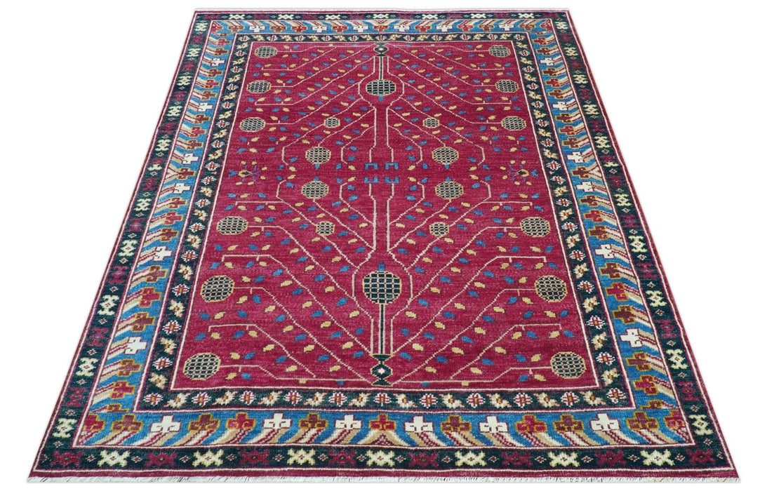 Custom Made Traditional Tribal Design Red And Blue Hand Knotted Wool Rug