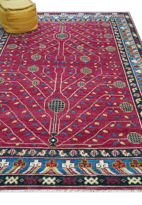 Custom Made Traditional Tribal Design Red And Blue Hand Knotted Wool Rug