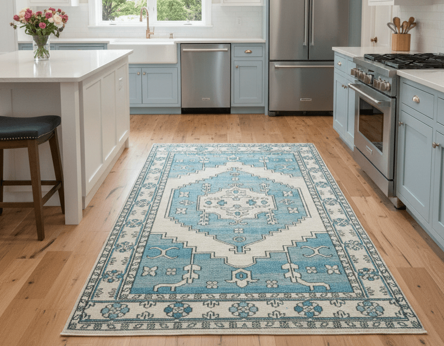 Custom Made Traditional Turkish Blue And Ivory Hand Knotted Wool Area Rug