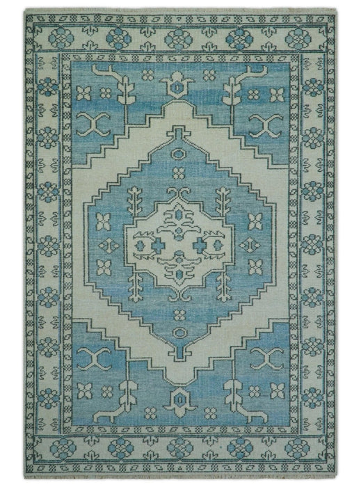 Custom Made Traditional Turkish Blue And Ivory Hand Knotted Wool Area Rug