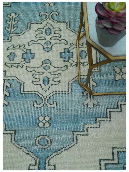 Custom Made Traditional Turkish Blue And Ivory Hand Knotted Wool Area Rug