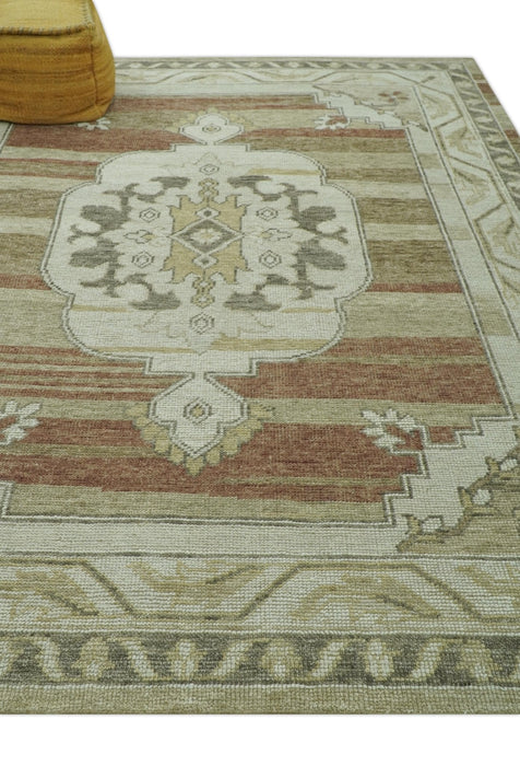 Custom Made Traditional Turkish Design Beige And Rust Hand knotted Wool Area Rug