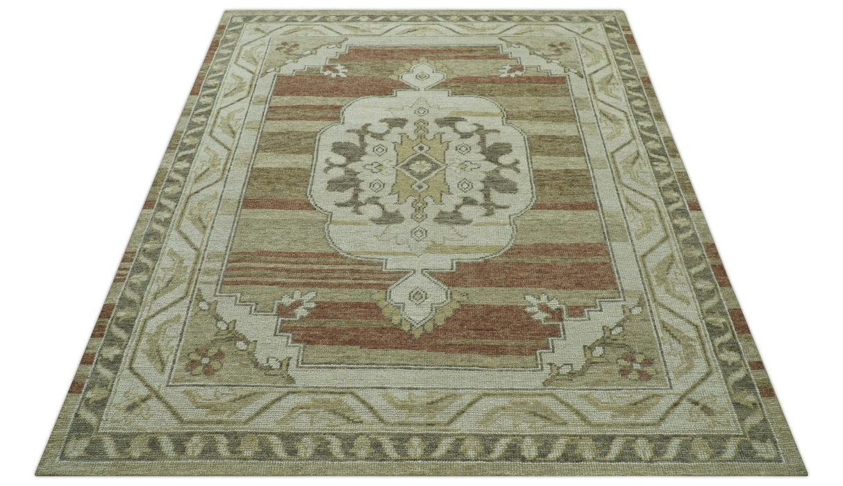 Custom Made Traditional Turkish Design Beige And Rust Hand knotted Wool Area Rug