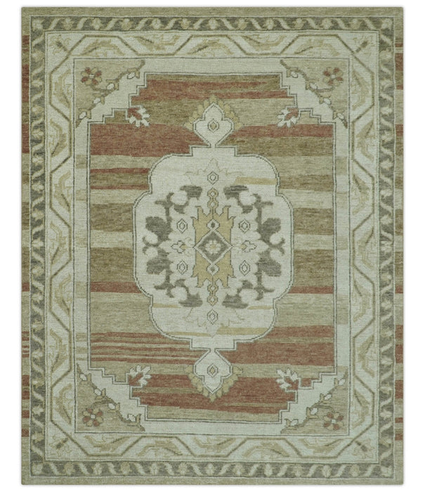 Custom Made Traditional Turkish Design Beige And Rust Hand knotted Wool Area Rug