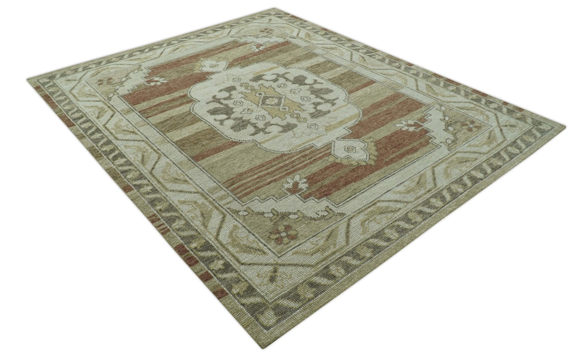 Custom Made Traditional Turkish Design Beige And Rust Hand knotted Wool Area Rug