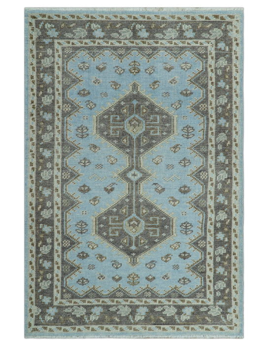 Custom Made Traditional Turkish design Blue And Brown Hand Knotted Wool Area Rug
