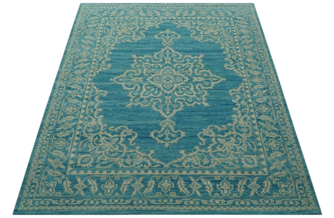 Custom Made Traditional Turkish Design Blue Hand Knotted Wool Area Rug