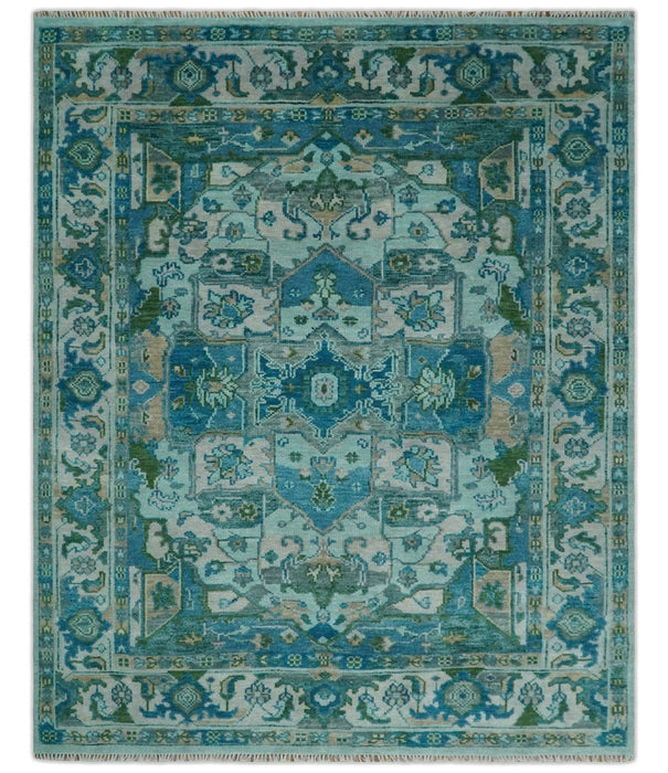 Custom Made Transitional Aqua and Ivory Hand Knotted Antique Style Traditional Wool Rug