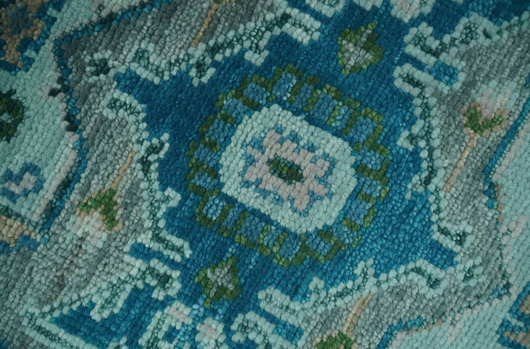 Custom Made Transitional Aqua and Ivory Hand Knotted Antique Style Traditional Wool Rug